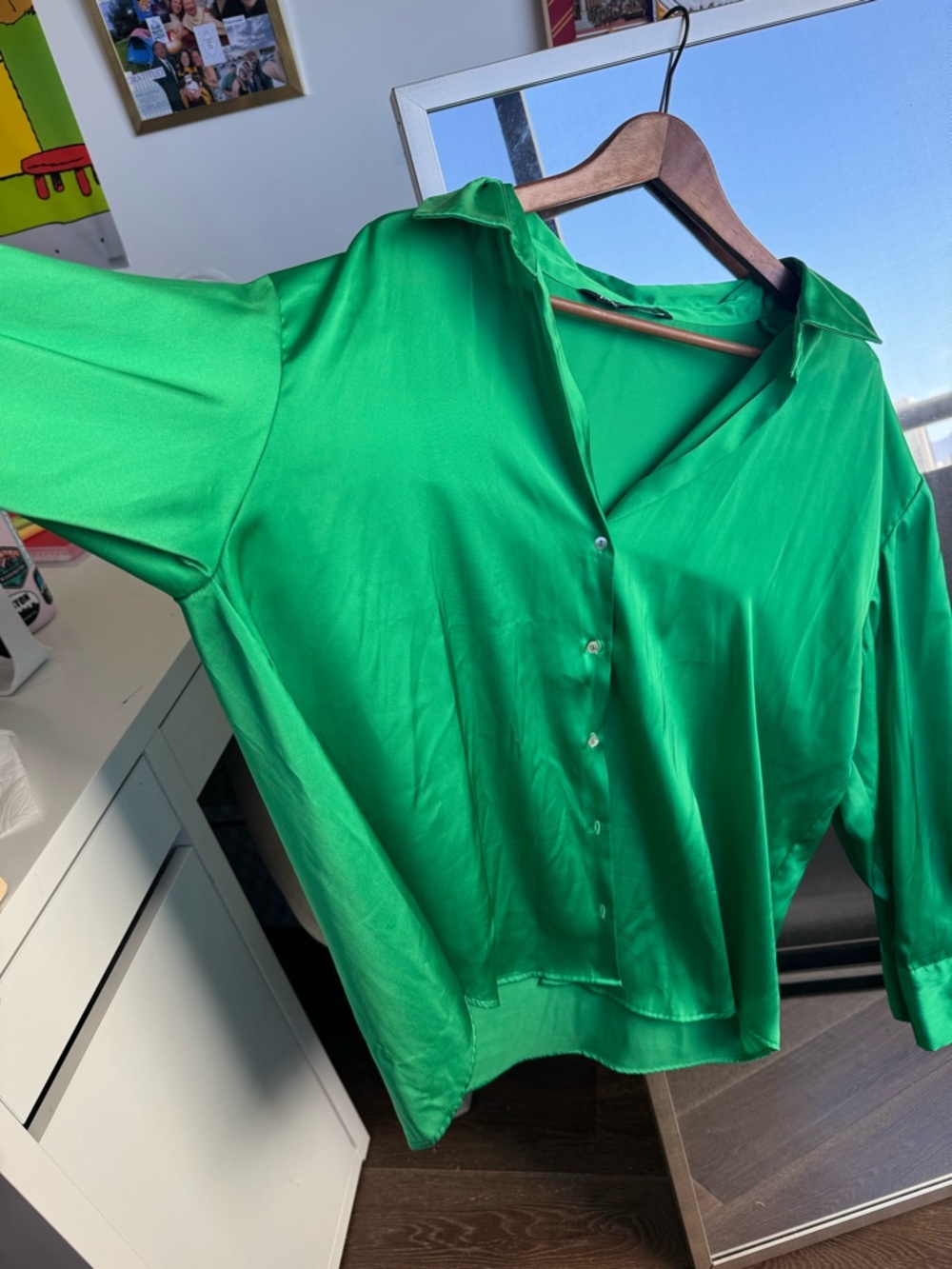 Zara Green Satin Button-Down Women's Top